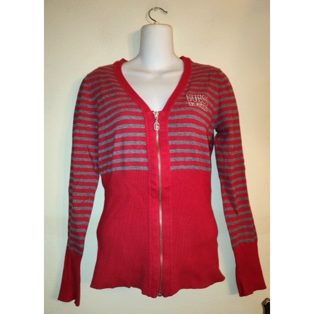 Guess Women's Rhinestone Logo Red Gray Striped V-Neck Sweater Size L